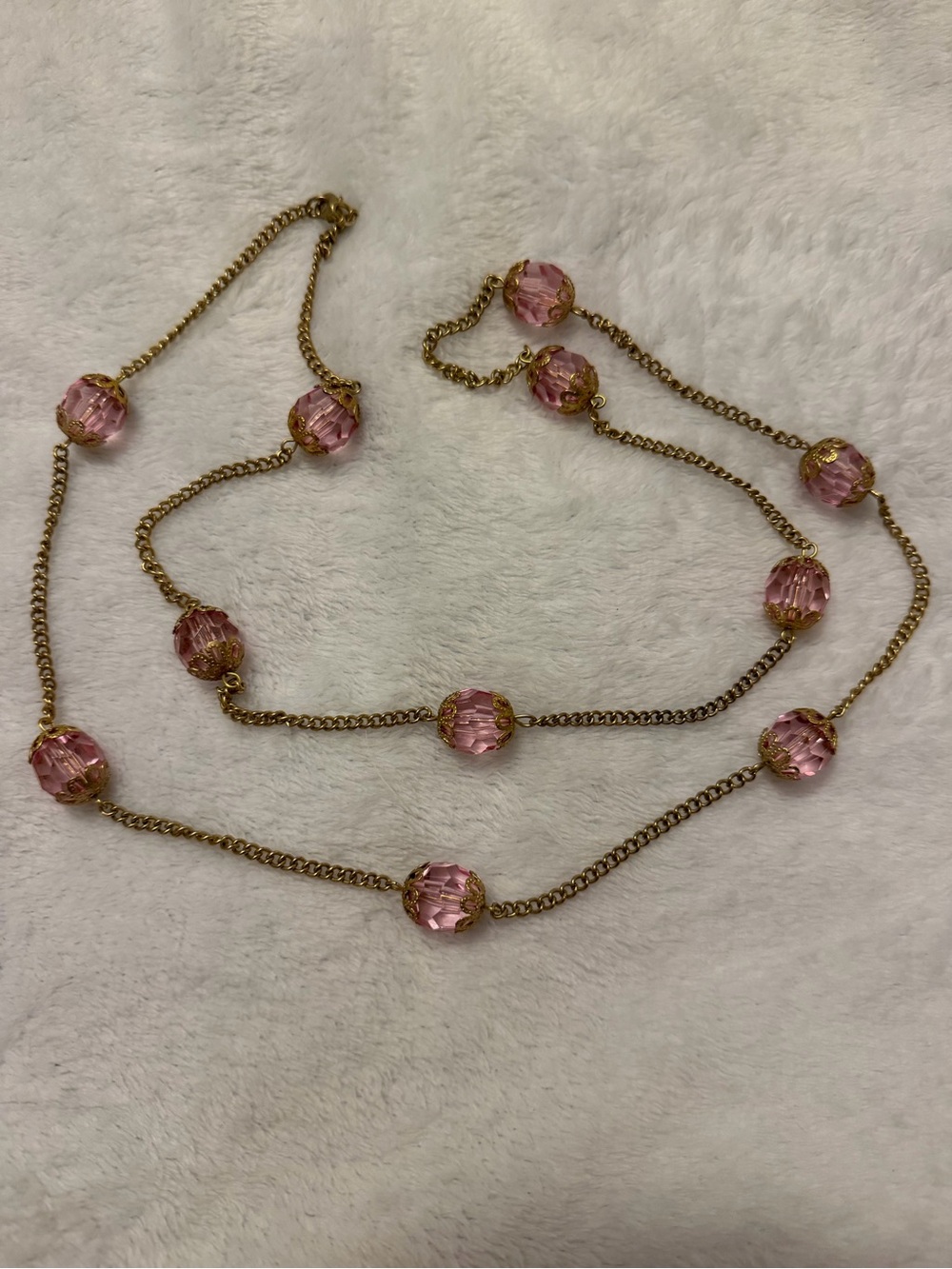 Vintage Gold-Tone Necklace with Pink Glass Faceted Beads with gold filigree.